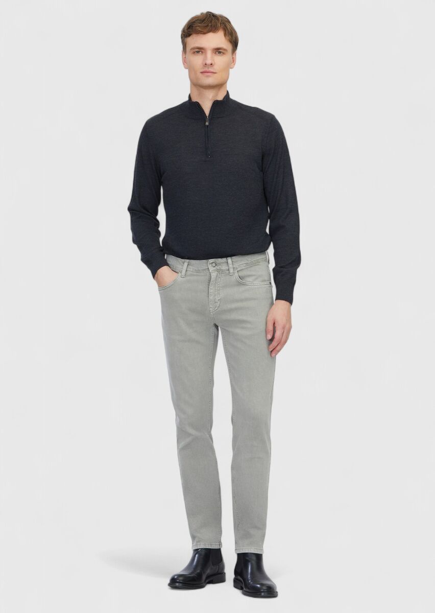 Açık Yeşil Düz Slim Fit Denim Pamuk Karışımlı Pantolon - 1