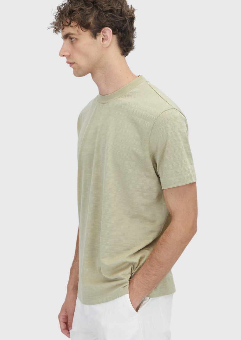 Açık Yeşil Jakarlı %100 Pamuk T-Shirt - 3