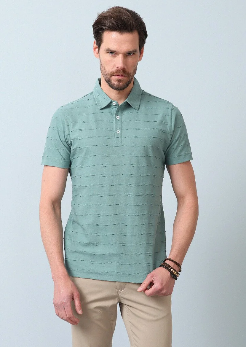 Açık Yeşil Jakarlı Polo Yaka %100 Pamuk T-Shirt 