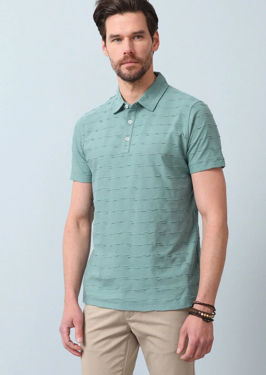 Açık Yeşil Jakarlı Polo Yaka %100 Pamuk T-Shirt - 3