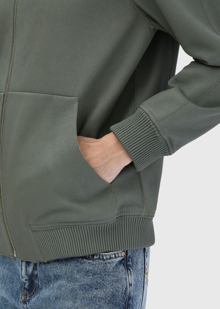 Açık Yeşil Regular Fit Dik Yaka Casual Süet Deri Mont - 5