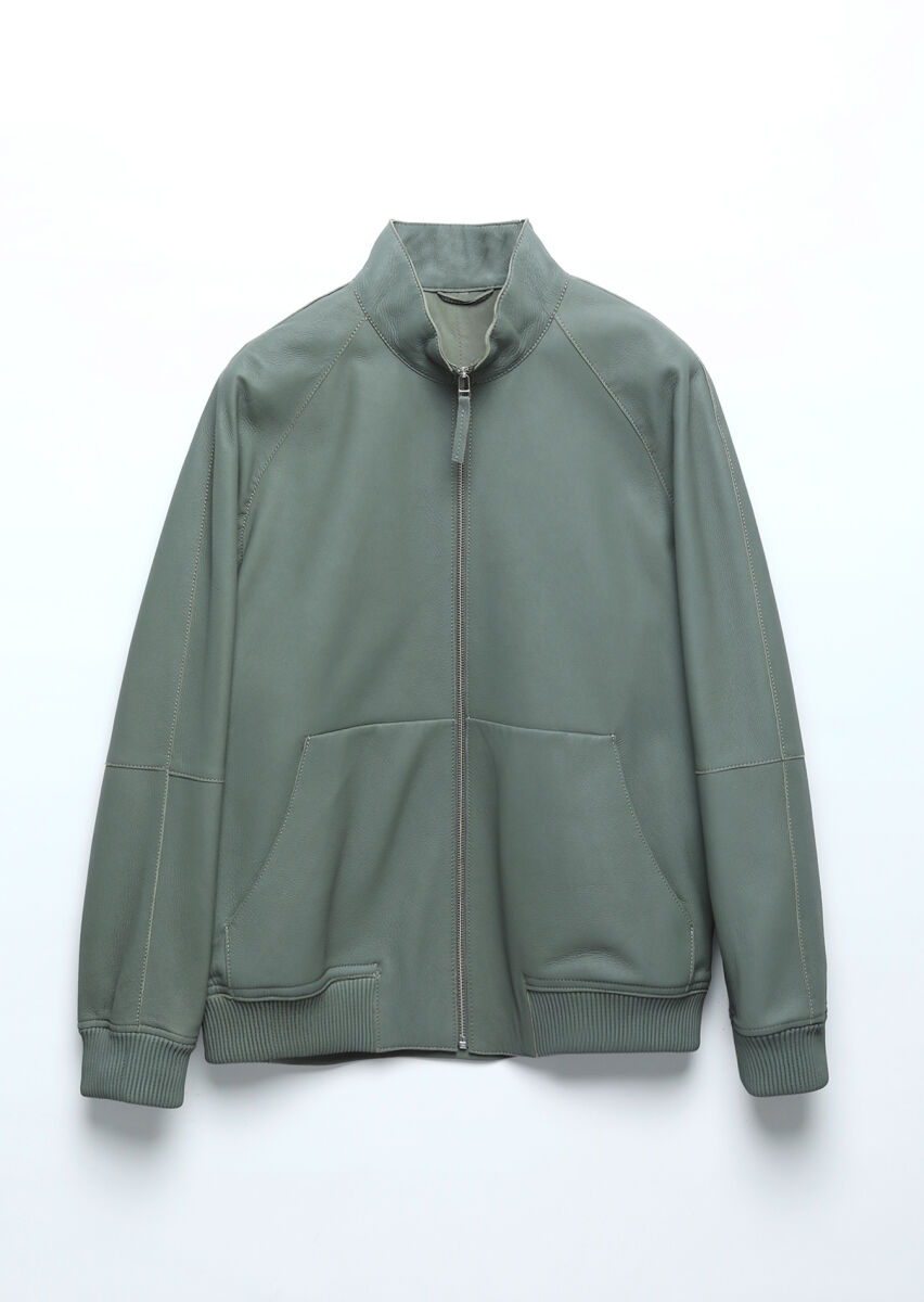 Açık Yeşil Regular Fit Dik Yaka Casual Süet Deri Mont - 8