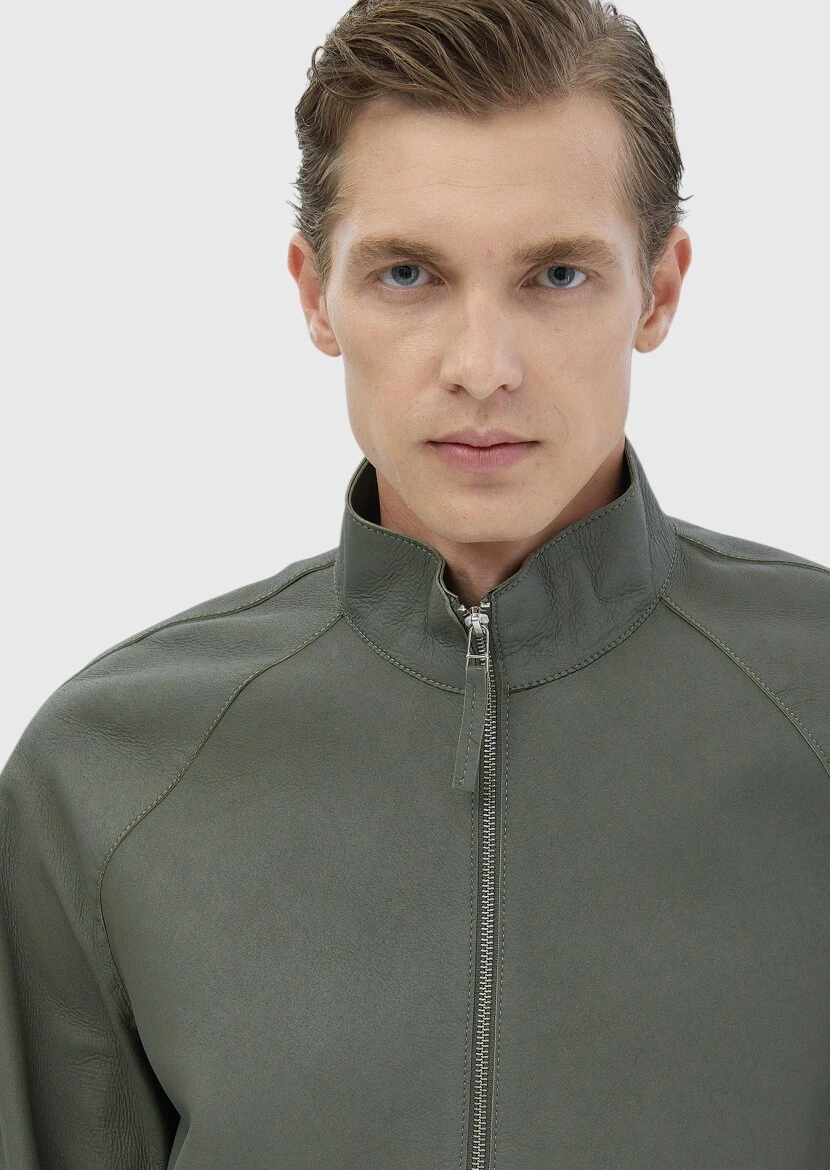 Açık Yeşil Regular Fit Dik Yaka Casual Süet Deri Mont - 4