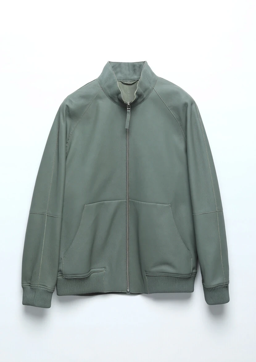 Açık Yeşil Regular Fit Dik Yaka Casual Süet Deri Mont - 8