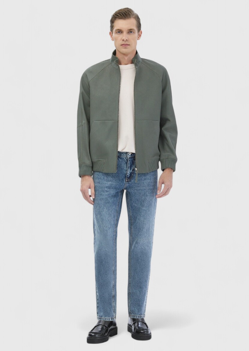 Açık Yeşil Regular Fit Dik Yaka Casual Süet Deri Mont - 2