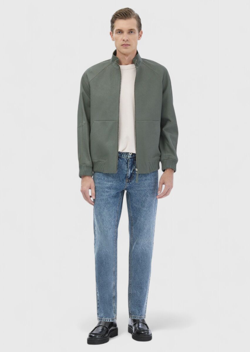 Açık Yeşil Regular Fit Dik Yaka Casual Süet Deri Mont - 2