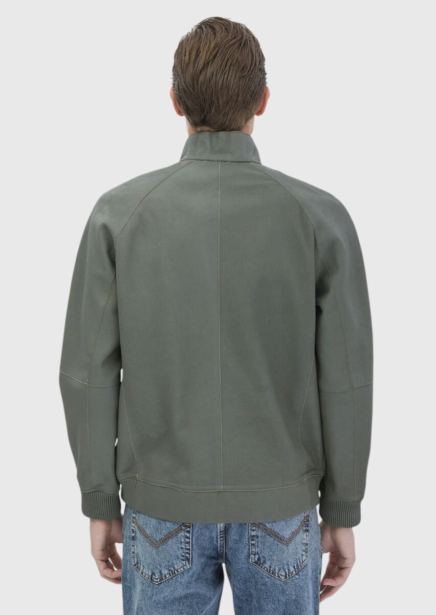 Açık Yeşil Regular Fit Dik Yaka Casual Süet Deri Mont - 7