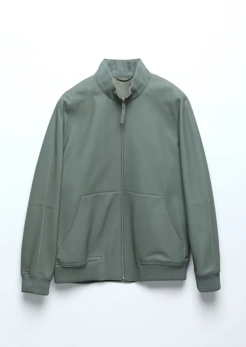 Açık Yeşil Regular Fit Dik Yaka Casual Süet Deri Mont - 8