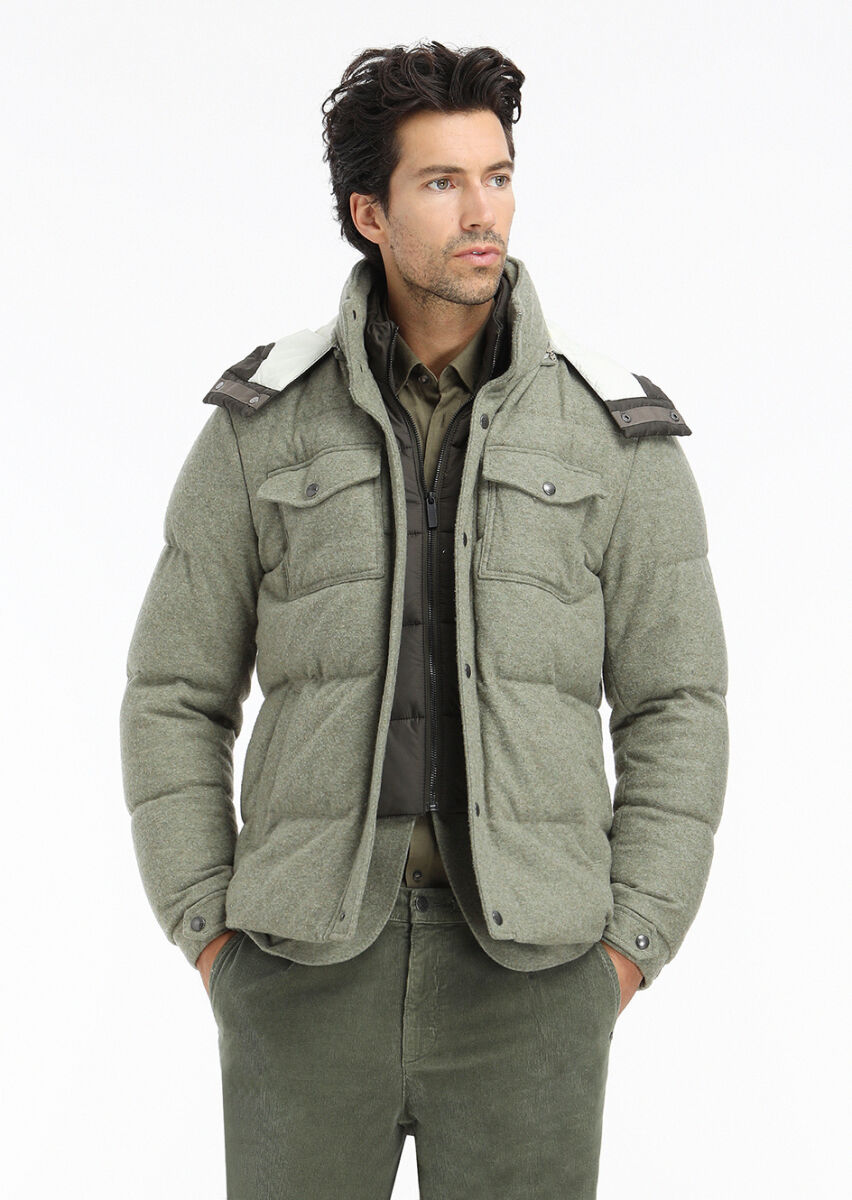 Açık Yeşil Regular Fit Kapüşonlu Casual Örme Kaban - 1