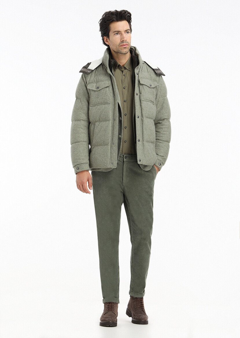 Açık Yeşil Regular Fit Kapüşonlu Casual Örme Kaban 