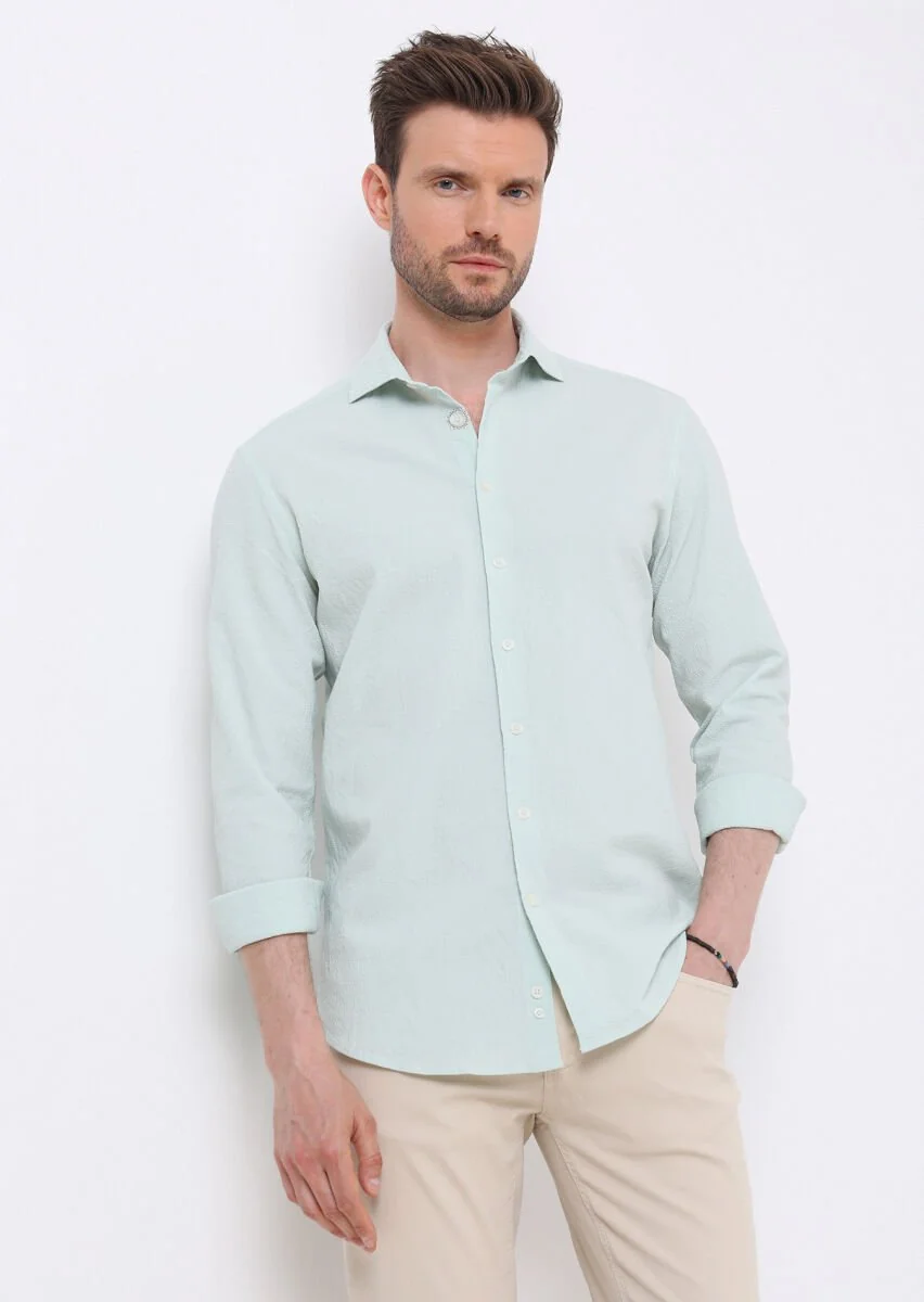 Açık Yeşil Slim Fit Dokuma Casual Pamuk Karışımlı Gömlek - 1