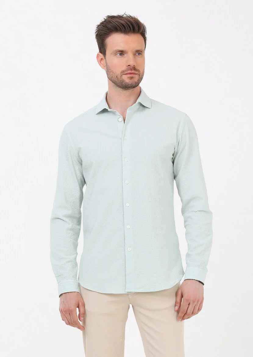 Açık Yeşil Slim Fit Dokuma Casual Pamuk Karışımlı Gömlek - 3