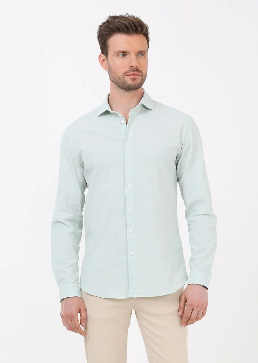 Açık Yeşil Slim Fit Dokuma Casual Pamuk Karışımlı Gömlek - 3