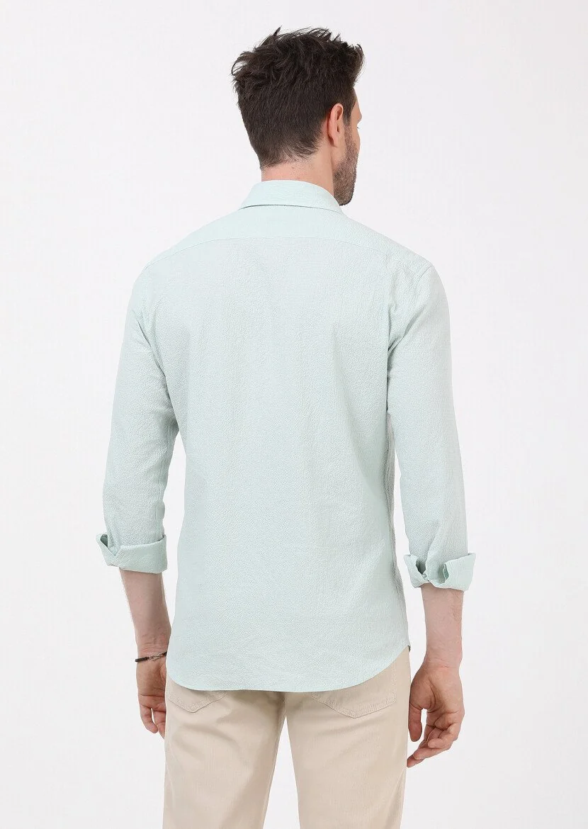 Açık Yeşil Slim Fit Dokuma Casual Pamuk Karışımlı Gömlek - 6