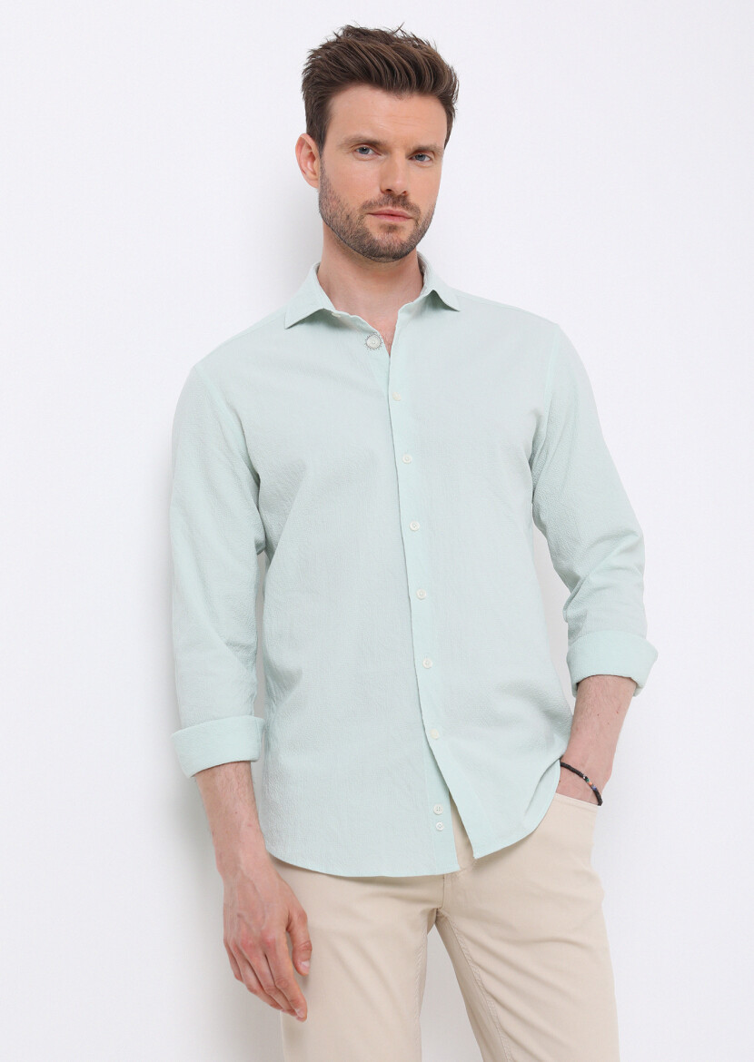 Açık Yeşil Slim Fit Uzun Dokuma Casual Pamuk Karışımlı Gömlek - 1