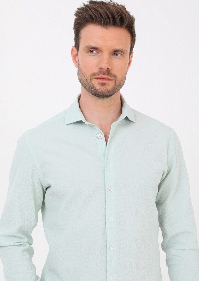 Açık Yeşil Slim Fit Uzun Dokuma Casual Pamuk Karışımlı Gömlek - 3