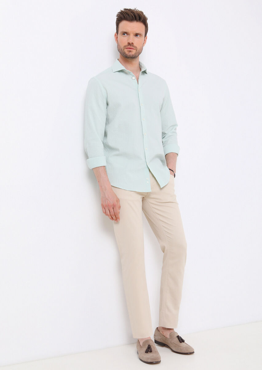 Açık Yeşil Slim Fit Uzun Dokuma Casual Pamuk Karışımlı Gömlek - 4