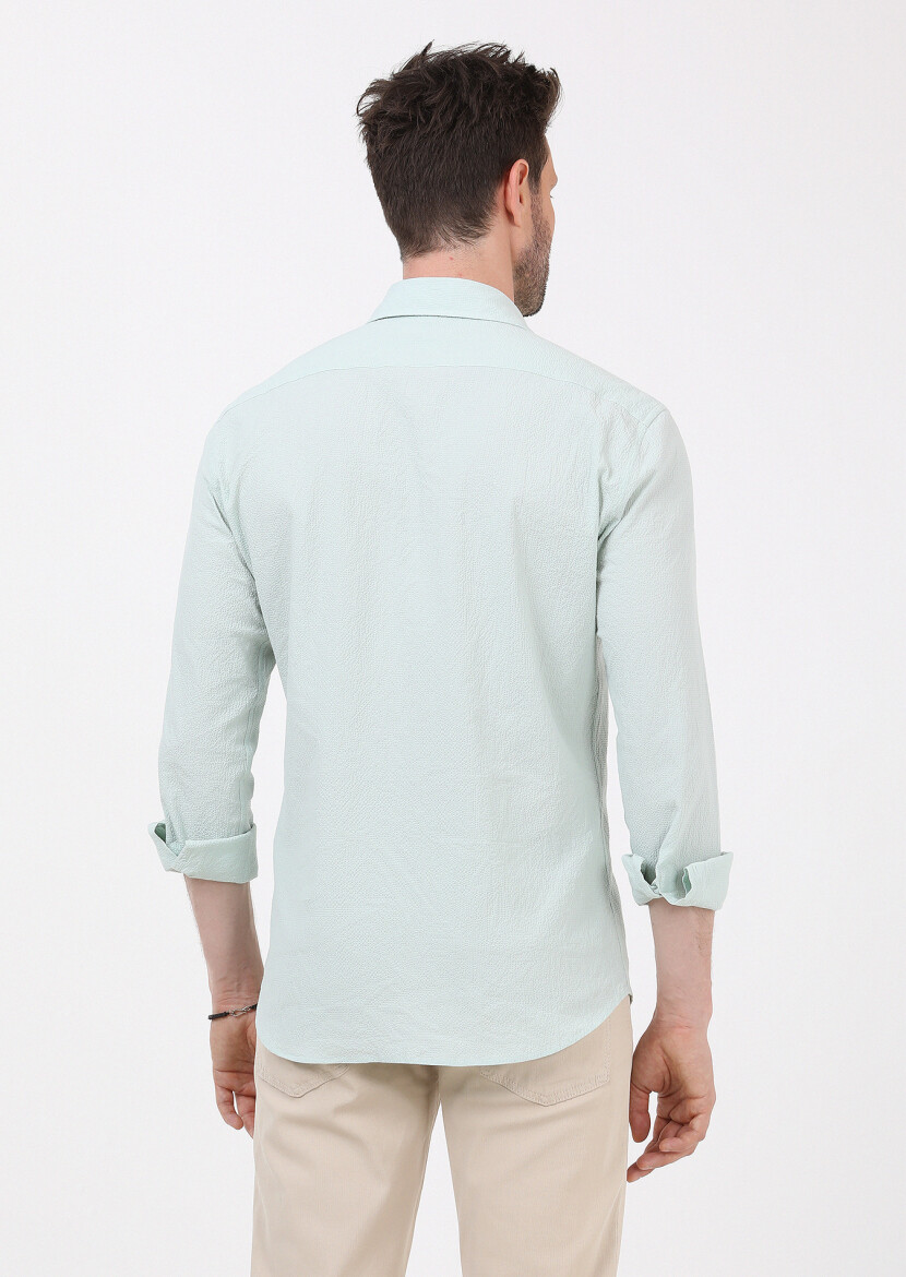 Açık Yeşil Slim Fit Uzun Dokuma Casual Pamuk Karışımlı Gömlek - 5