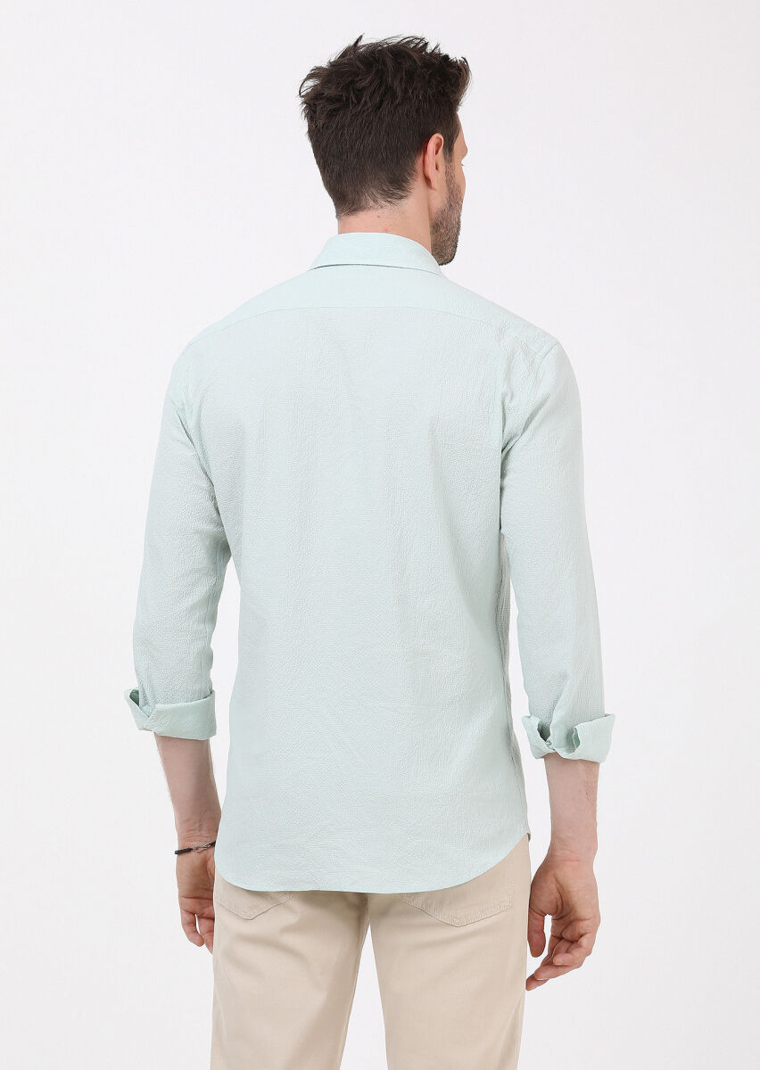 Açık Yeşil Slim Fit Uzun Dokuma Casual Pamuk Karışımlı Gömlek - 5