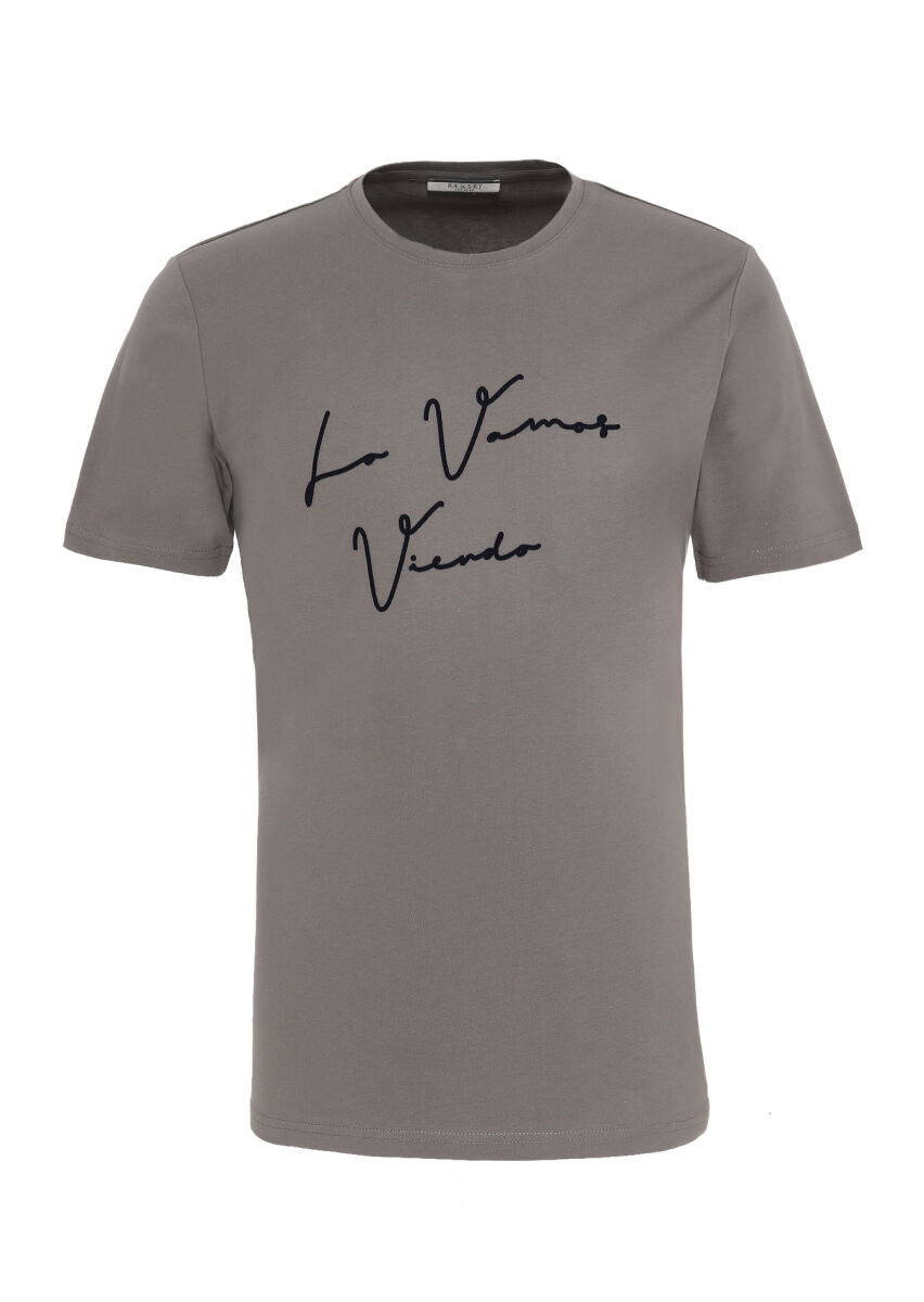 Antrasit Baskılı Bisiklet Yaka %100 Pamuk T-Shirt - 1