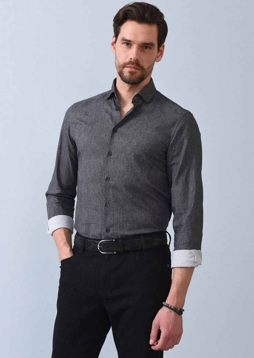 Antrasit Baskılı Slim Fit Dokuma Casual %100 Pamuk Gömlek - 2