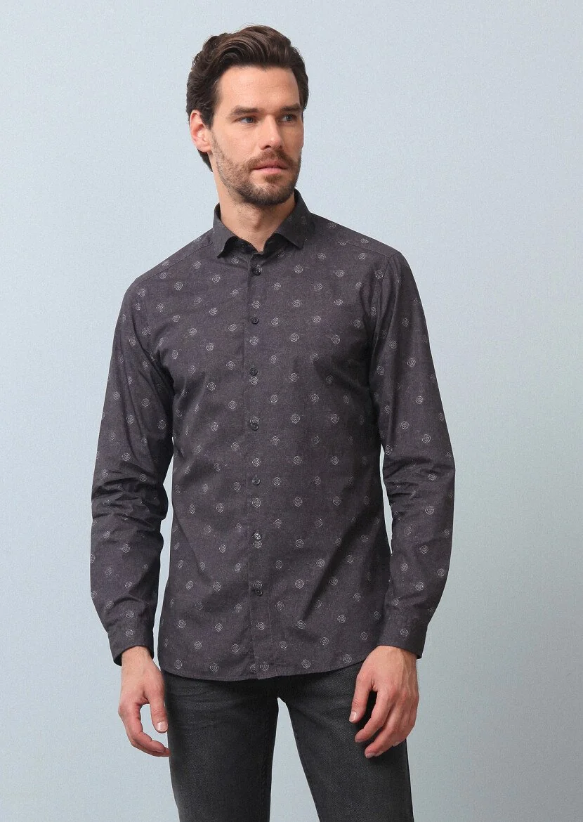 Antrasit Baskılı Slim Fit Dokuma Casual %100 Pamuk Gömlek - 3