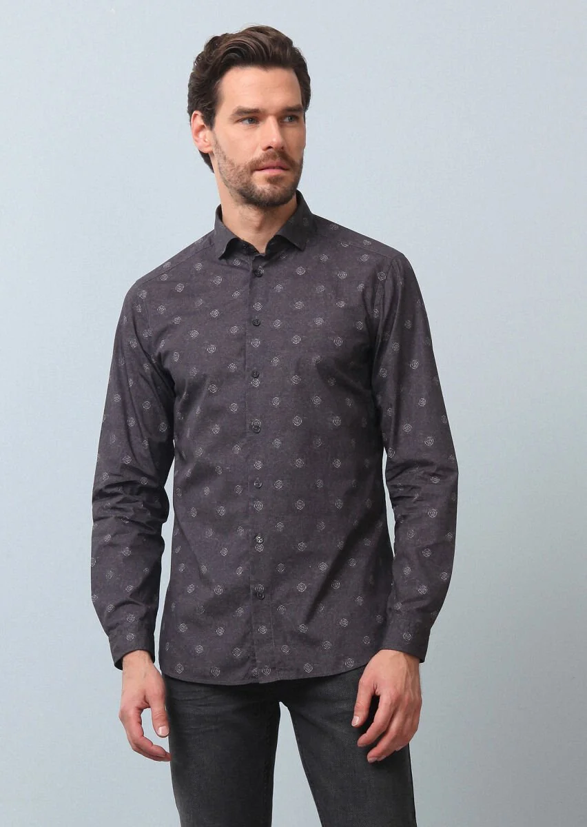Antrasit Baskılı Slim Fit Dokuma Casual %100 Pamuk Gömlek - 3