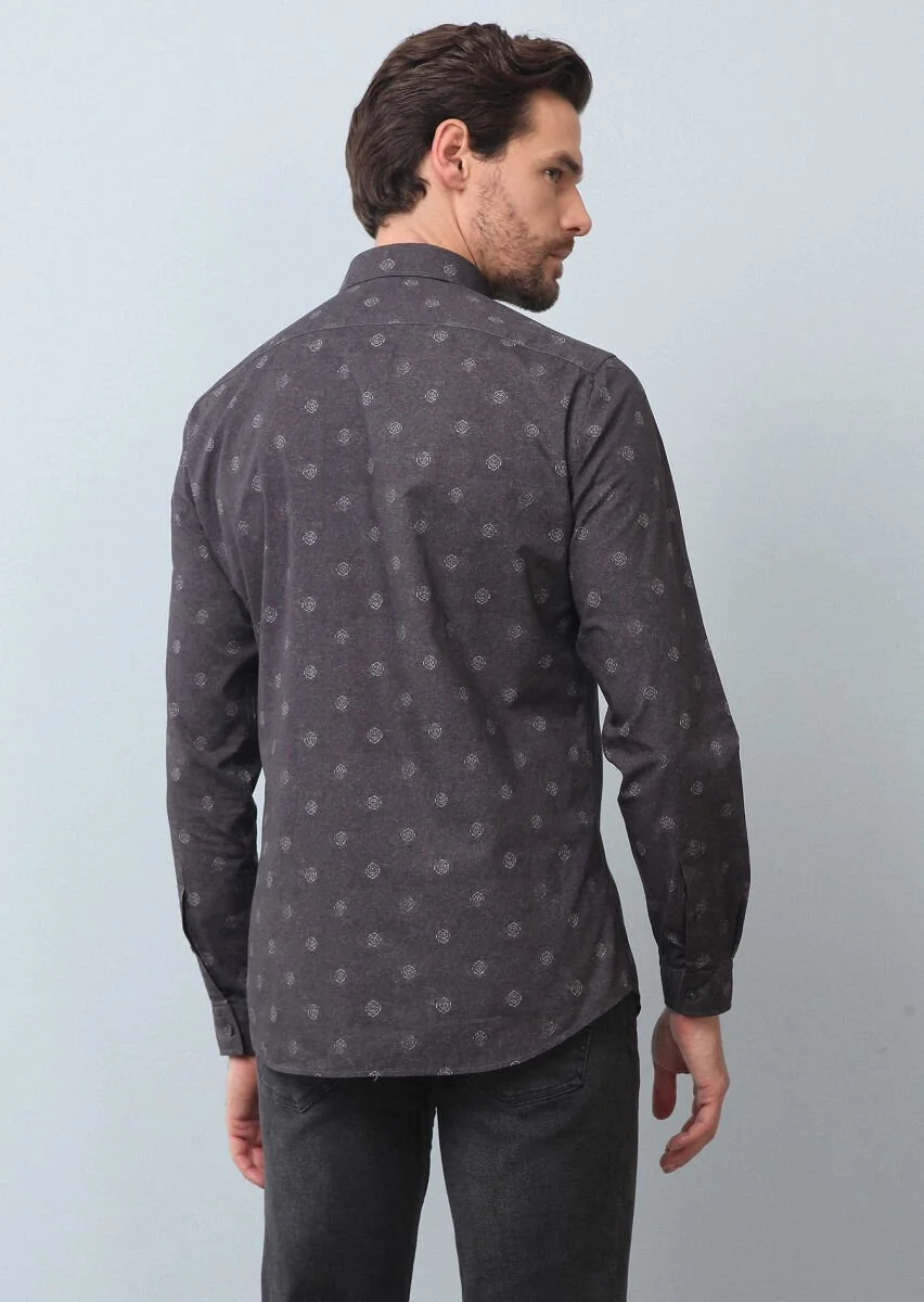 Antrasit Baskılı Slim Fit Dokuma Casual %100 Pamuk Gömlek - 5