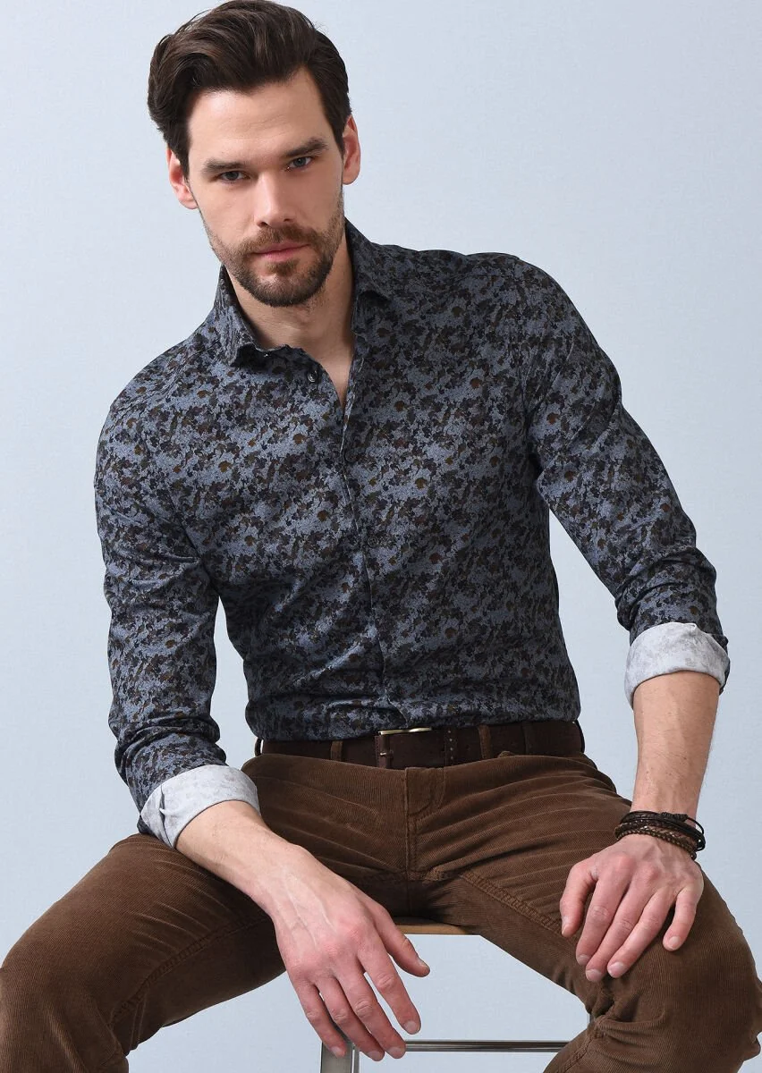 Antrasit Baskılı Slim Fit Dokuma Casual %100 Pamuk Gömlek - 1