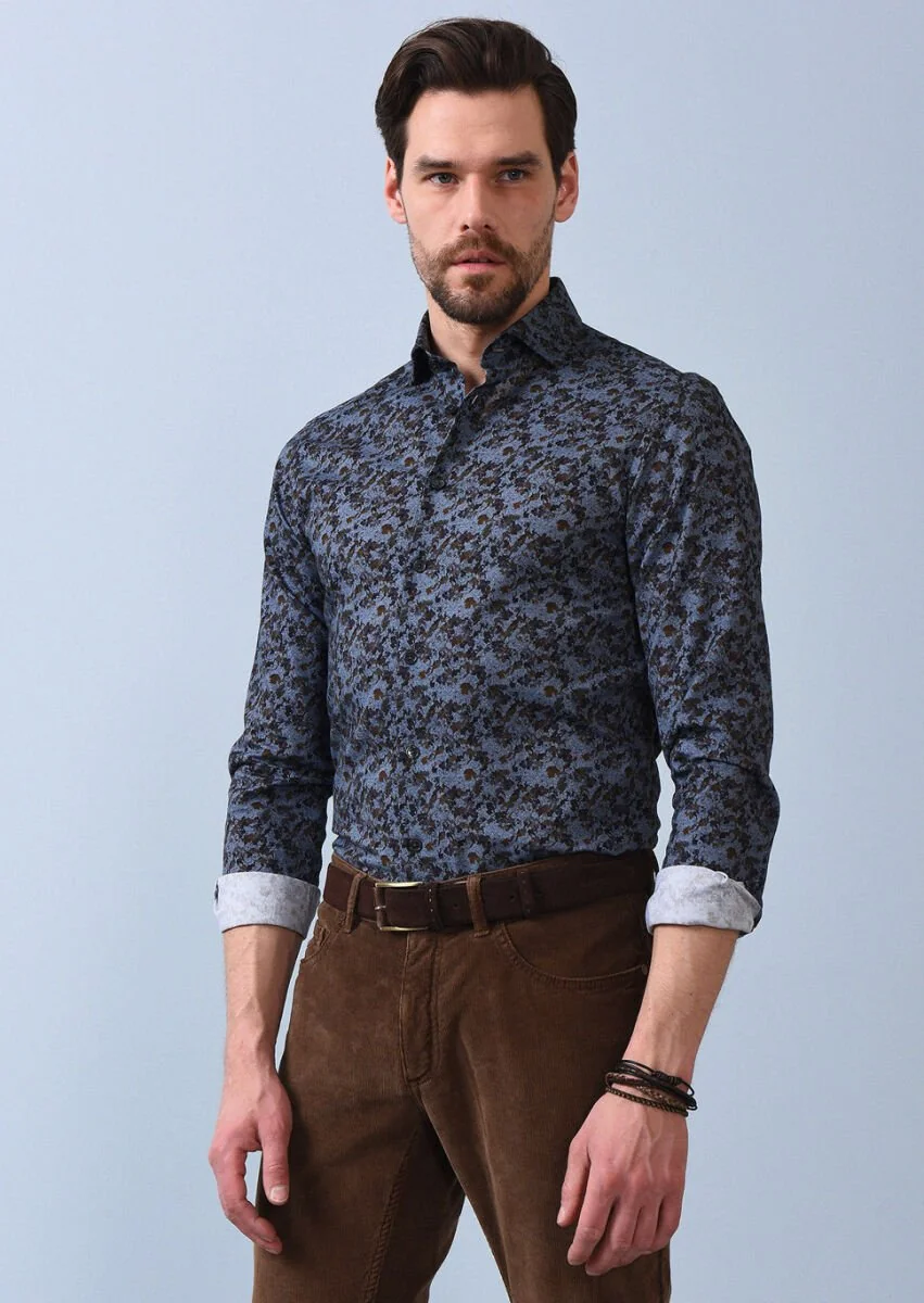 Antrasit Baskılı Slim Fit Dokuma Casual %100 Pamuk Gömlek - 3