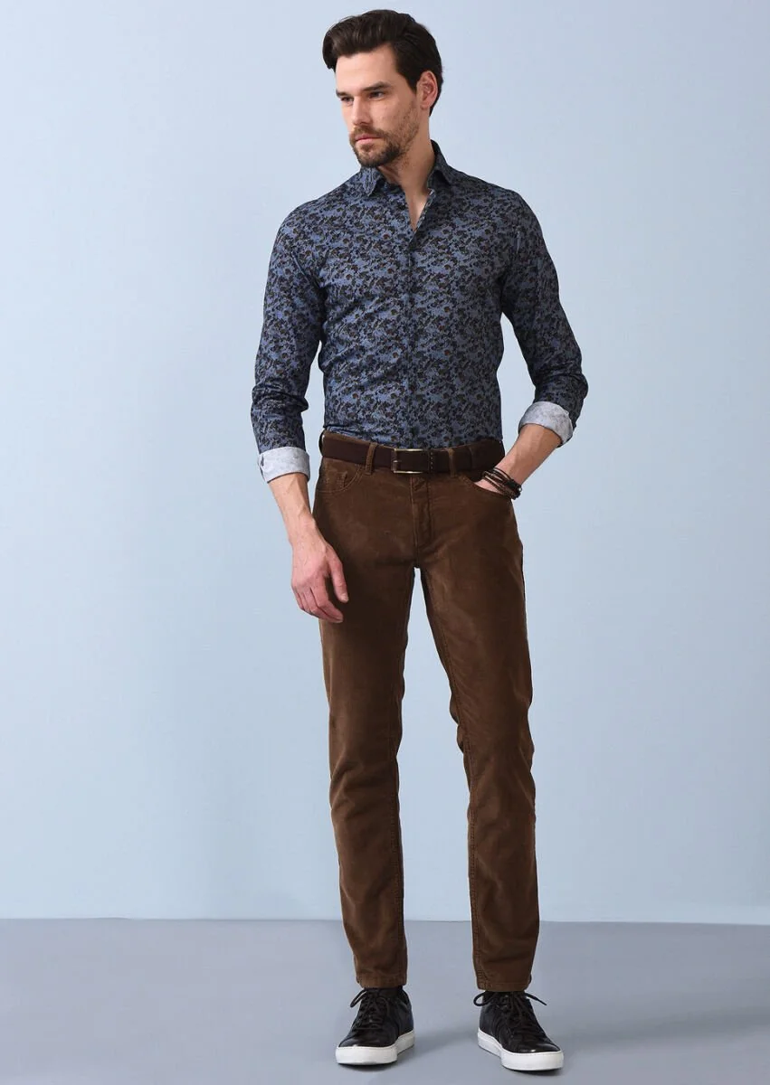 Antrasit Baskılı Slim Fit Dokuma Casual %100 Pamuk Gömlek - 4