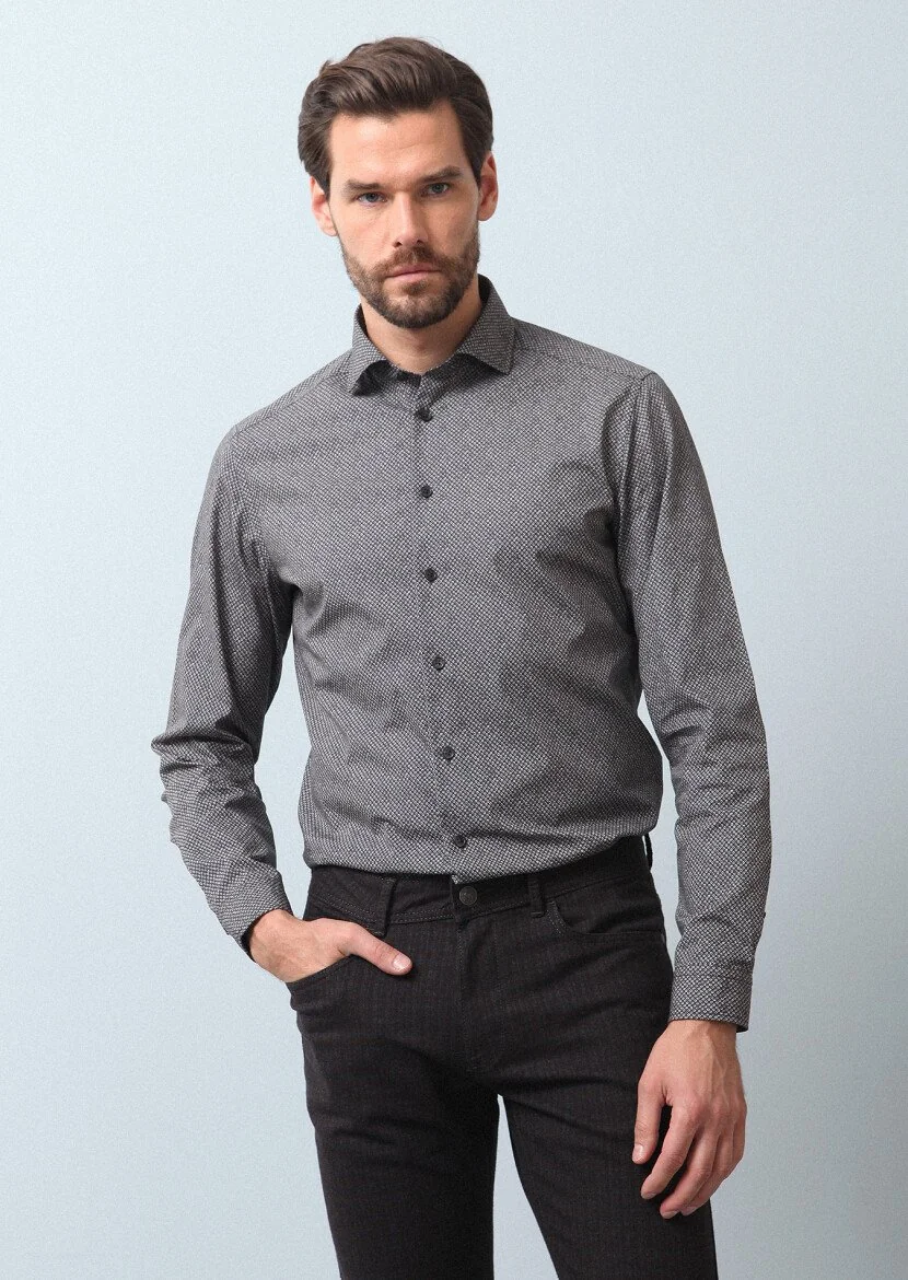 Antrasit Baskılı Slim Fit Dokuma Casual %100 Pamuk Gömlek - 2