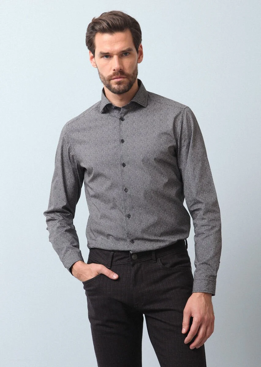 Antrasit Baskılı Slim Fit Dokuma Casual %100 Pamuk Gömlek - 2