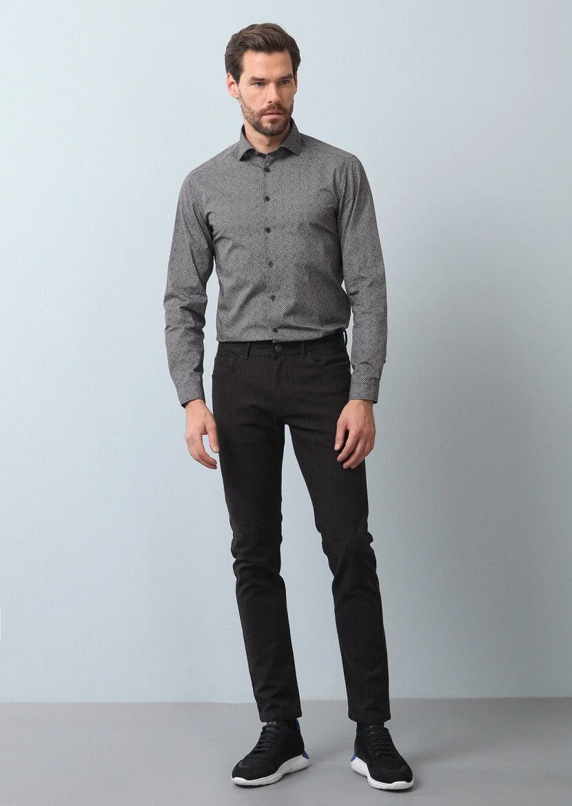 Antrasit Baskılı Slim Fit Dokuma Casual %100 Pamuk Gömlek - 3