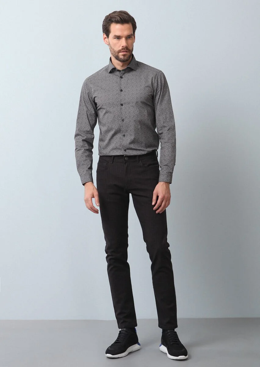 Antrasit Baskılı Slim Fit Dokuma Casual %100 Pamuk Gömlek - 3