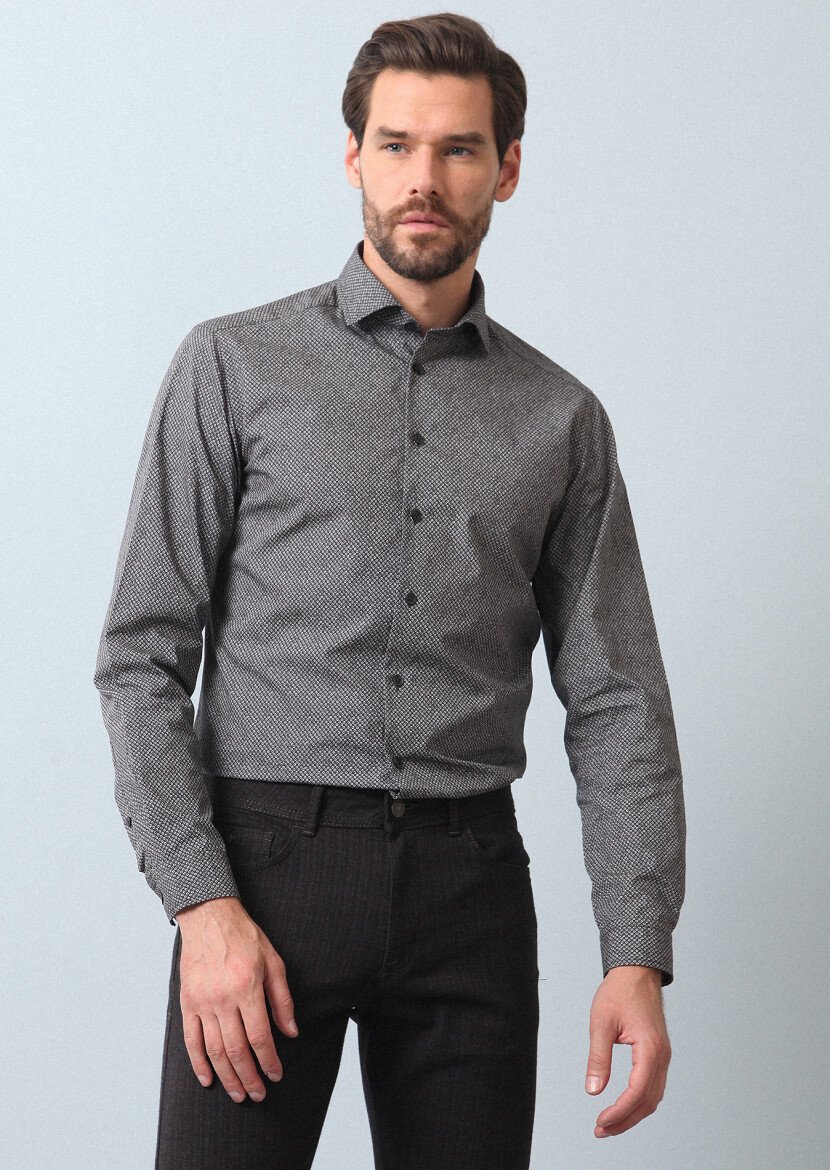 Antrasit Baskılı Slim Fit Dokuma Casual %100 Pamuk Gömlek - 4