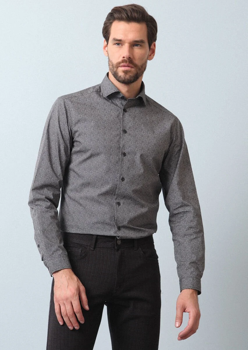 Antrasit Baskılı Slim Fit Dokuma Casual %100 Pamuk Gömlek - 4