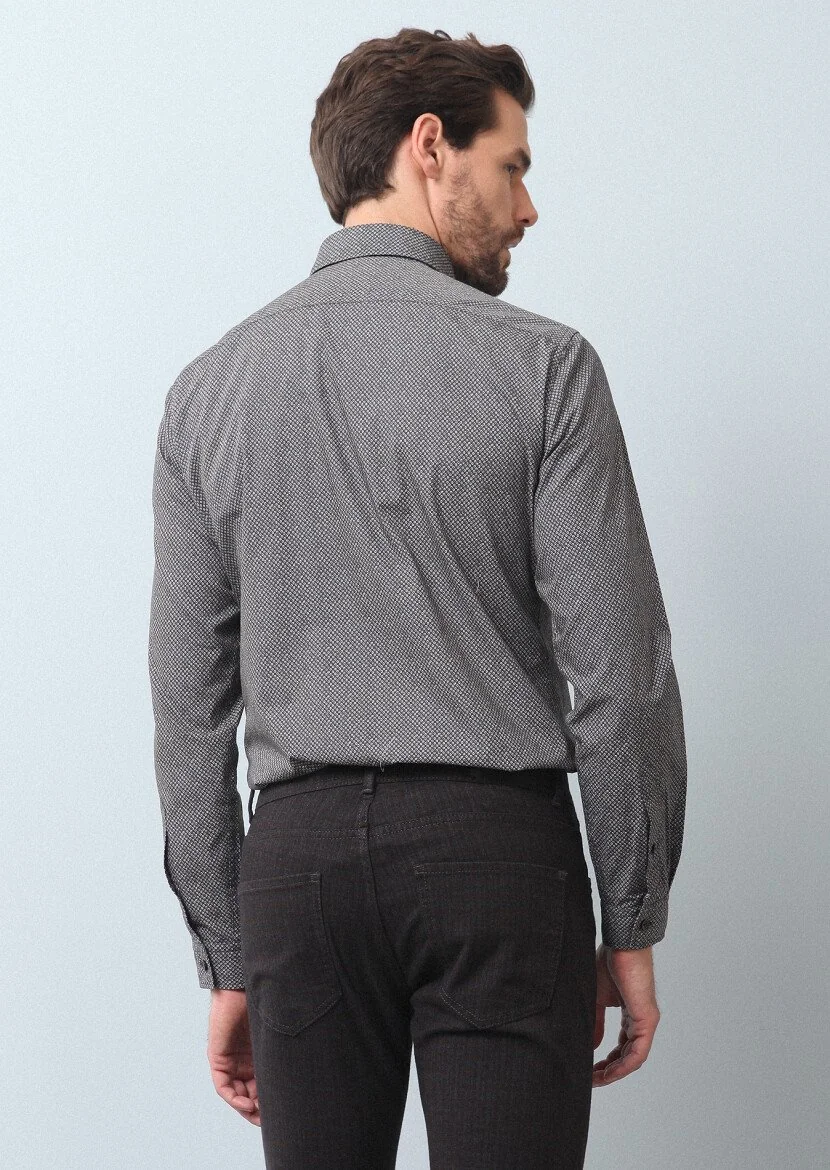 Antrasit Baskılı Slim Fit Dokuma Casual %100 Pamuk Gömlek - 5