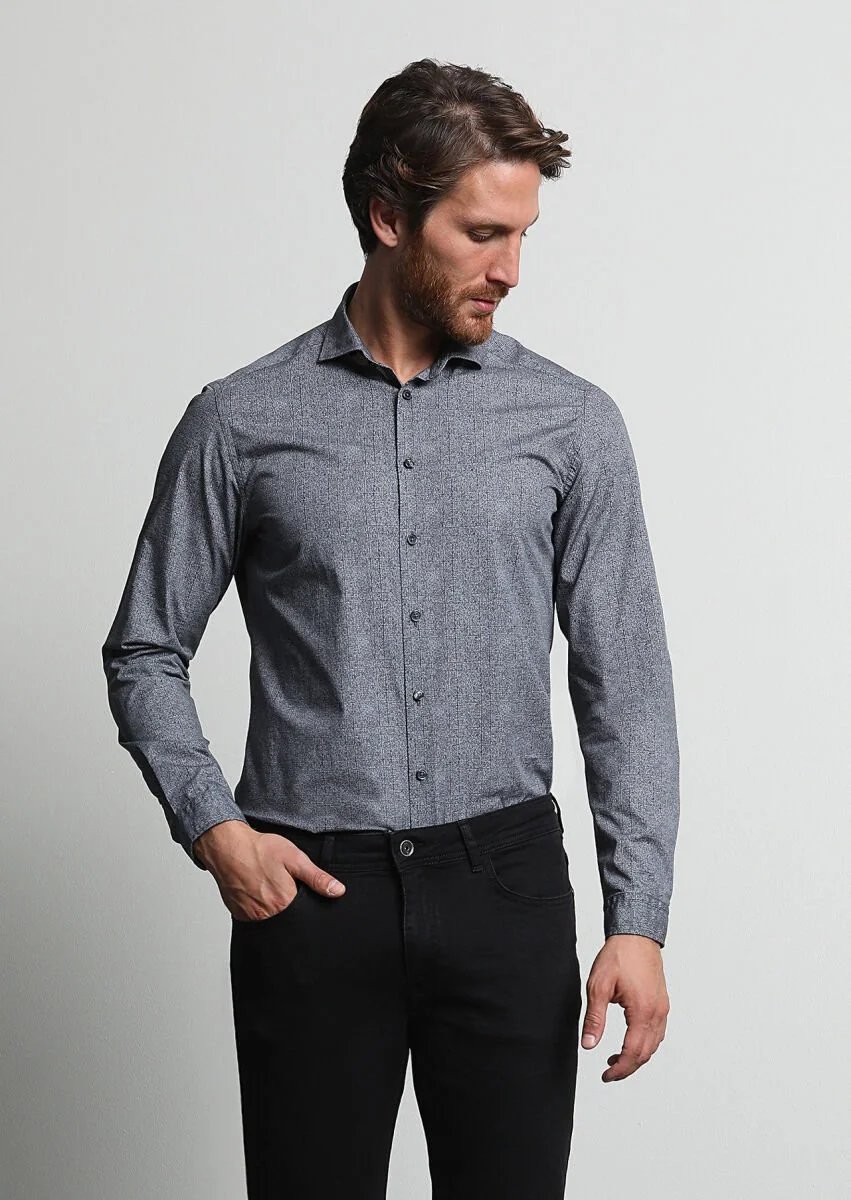 Antrasit Baskılı Slim Fit Dokuma Casual %100 Pamuk Gömlek - 3