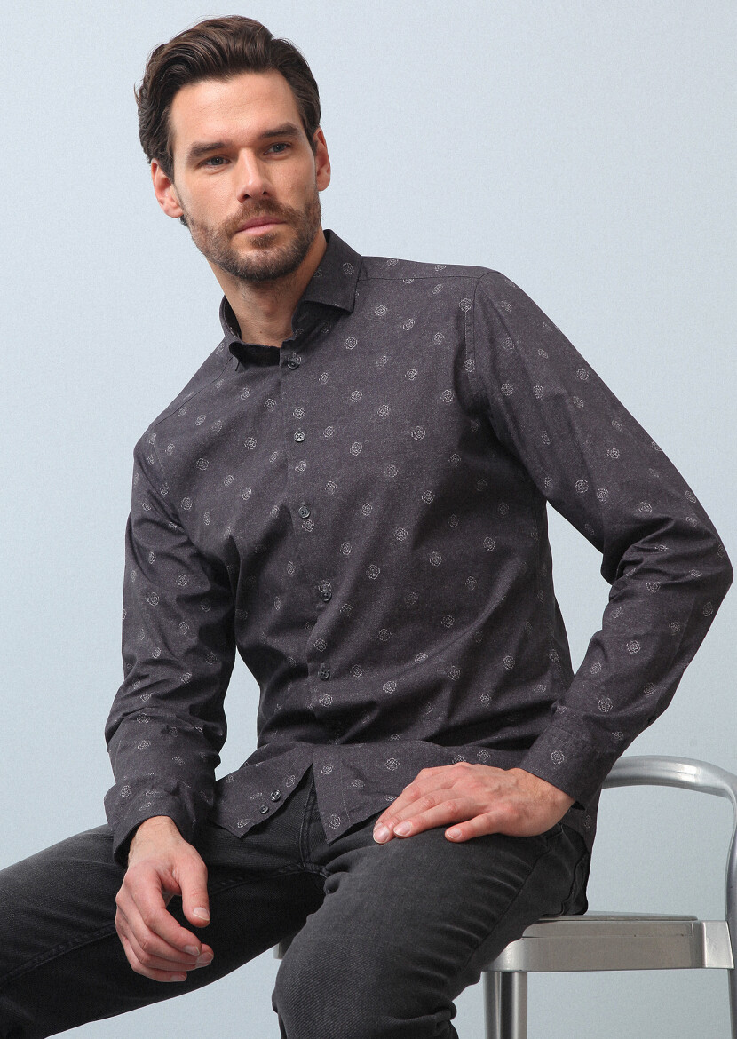 Antrasit Baskılı Slim Fit Uzun Dokuma Casual %100 Pamuk Gömlek - 1