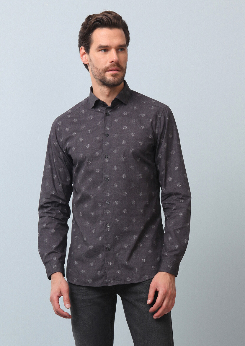 Antrasit Baskılı Slim Fit Uzun Dokuma Casual %100 Pamuk Gömlek - 3