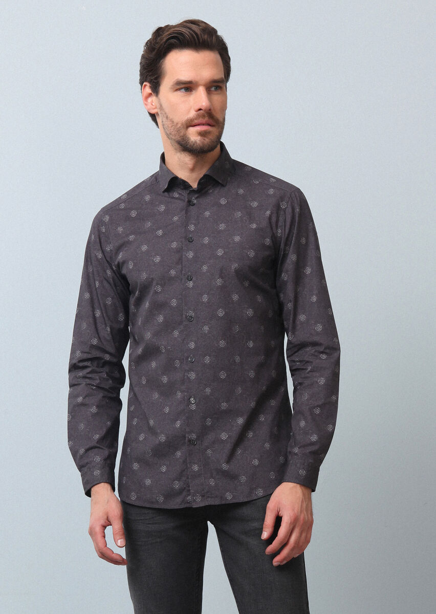 Antrasit Baskılı Slim Fit Uzun Dokuma Casual %100 Pamuk Gömlek - 3