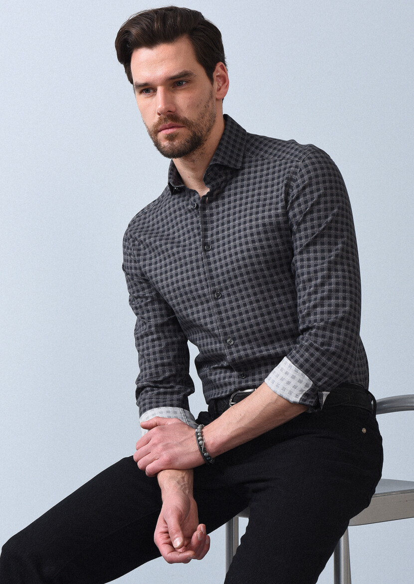 Antrasit Baskılı Slim Fit Uzun Dokuma Casual %100 Pamuk Gömlek - 2