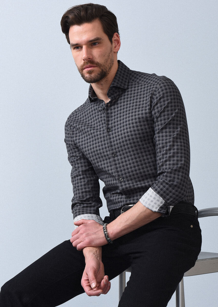 Antrasit Baskılı Slim Fit Uzun Dokuma Casual %100 Pamuk Gömlek - 2