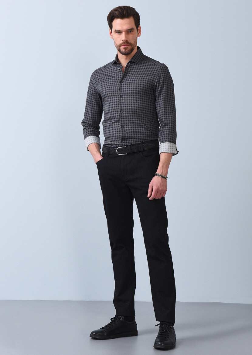 Antrasit Baskılı Slim Fit Uzun Dokuma Casual %100 Pamuk Gömlek - 3