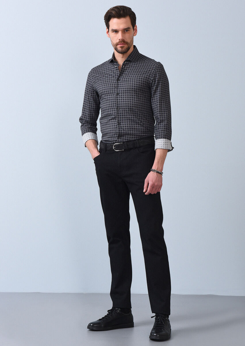 Antrasit Baskılı Slim Fit Uzun Dokuma Casual %100 Pamuk Gömlek - 3