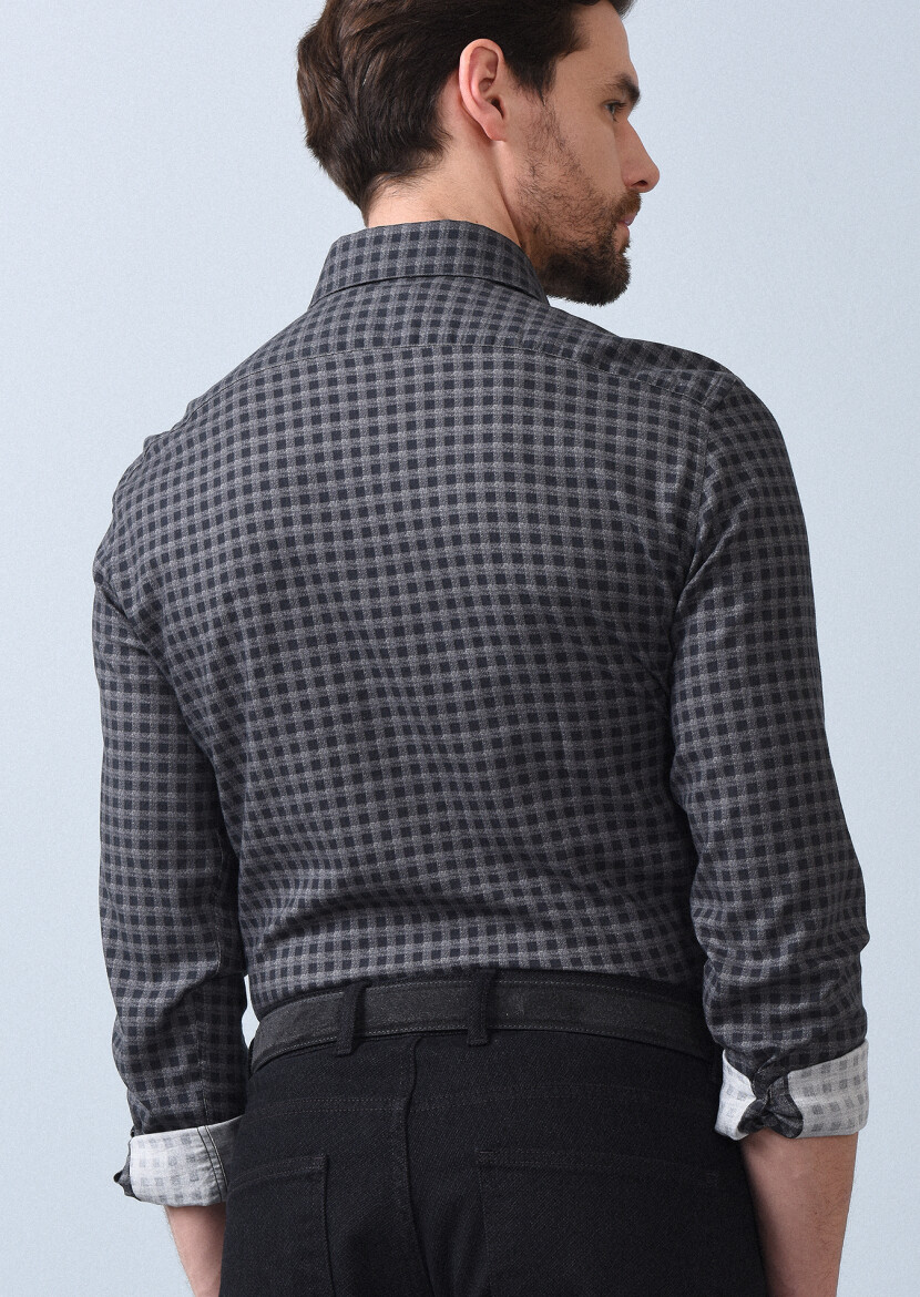 Antrasit Baskılı Slim Fit Uzun Dokuma Casual %100 Pamuk Gömlek - 4