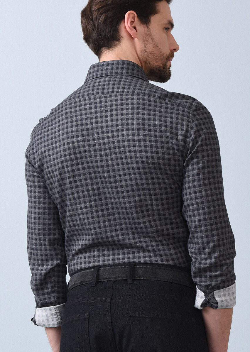 Antrasit Baskılı Slim Fit Uzun Dokuma Casual %100 Pamuk Gömlek - 4