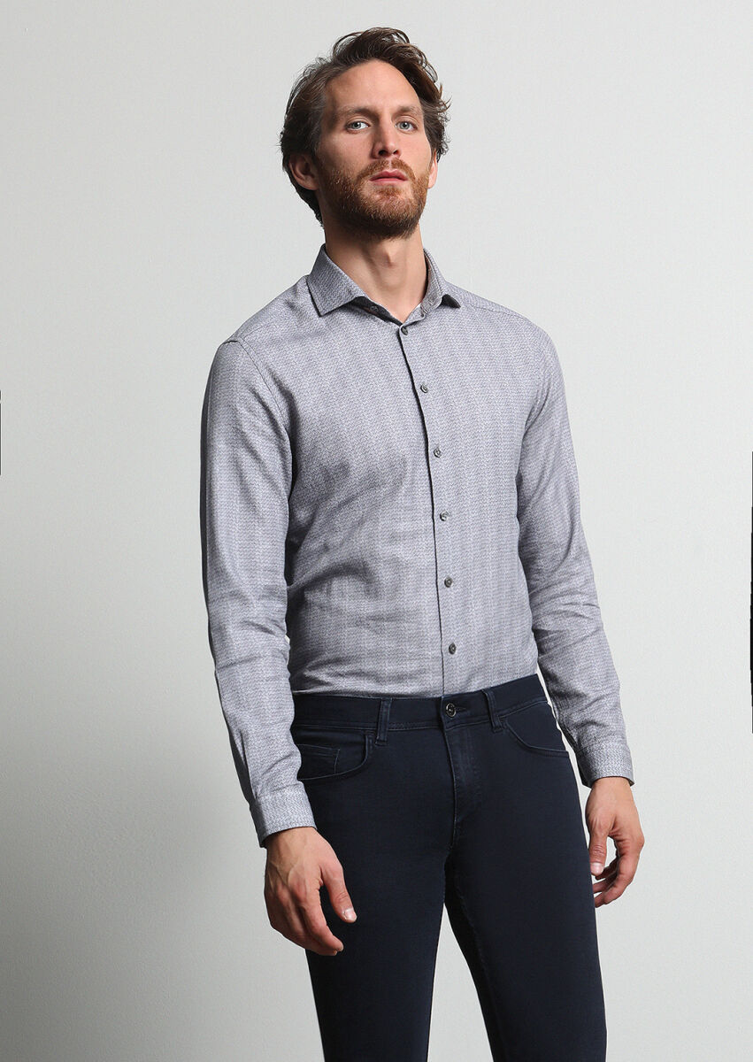 Antrasit Baskılı Slim Fit Uzun Dokuma Casual %100 Pamuk Gömlek - 1