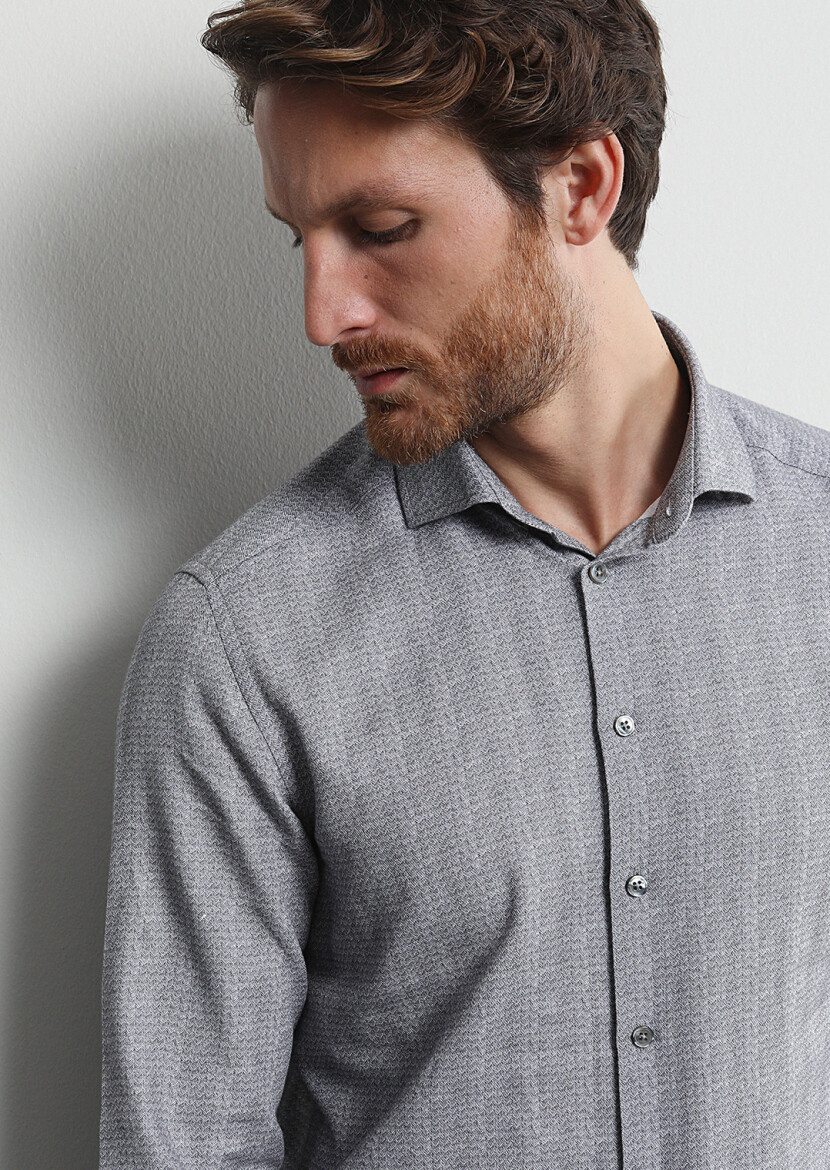 Antrasit Baskılı Slim Fit Uzun Dokuma Casual %100 Pamuk Gömlek 